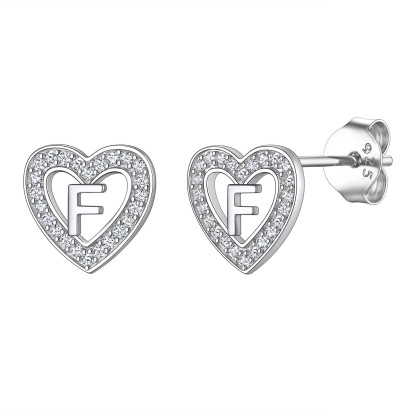 Initial Heart Sterling Silver CZ Stud Earrings for Women 