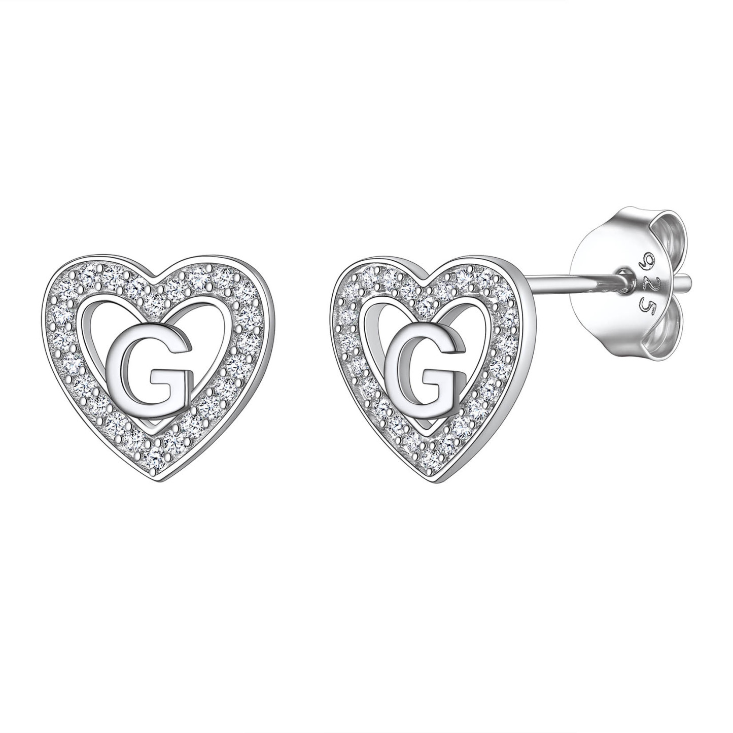 Initial Heart Sterling Silver CZ Stud Earrings for Women 