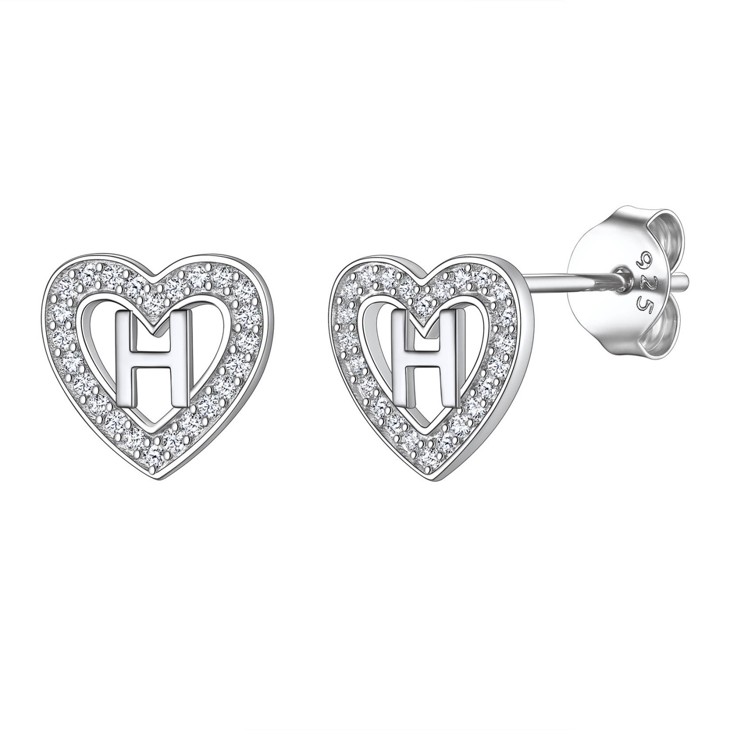 Initial Heart Sterling Silver CZ Stud Earrings for Women 