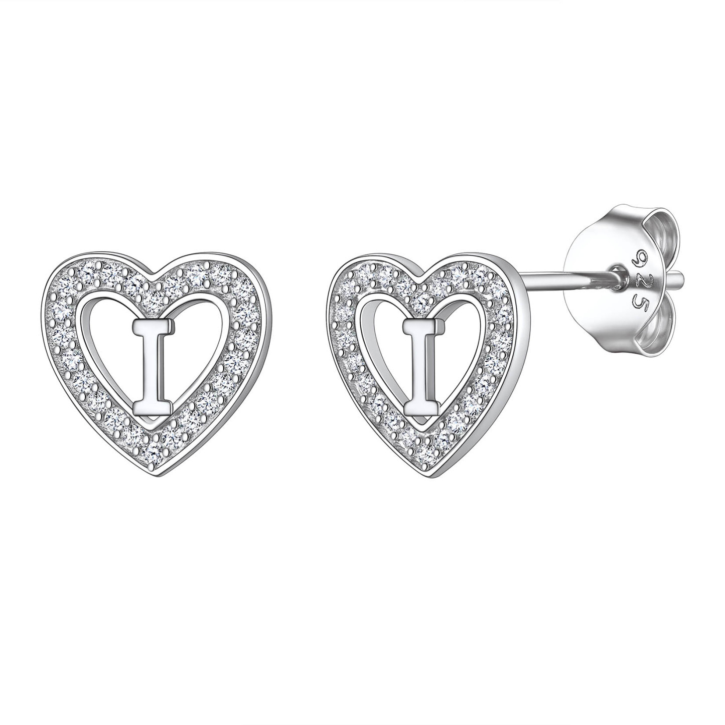 Initial Heart Sterling Silver CZ Stud Earrings for Women 