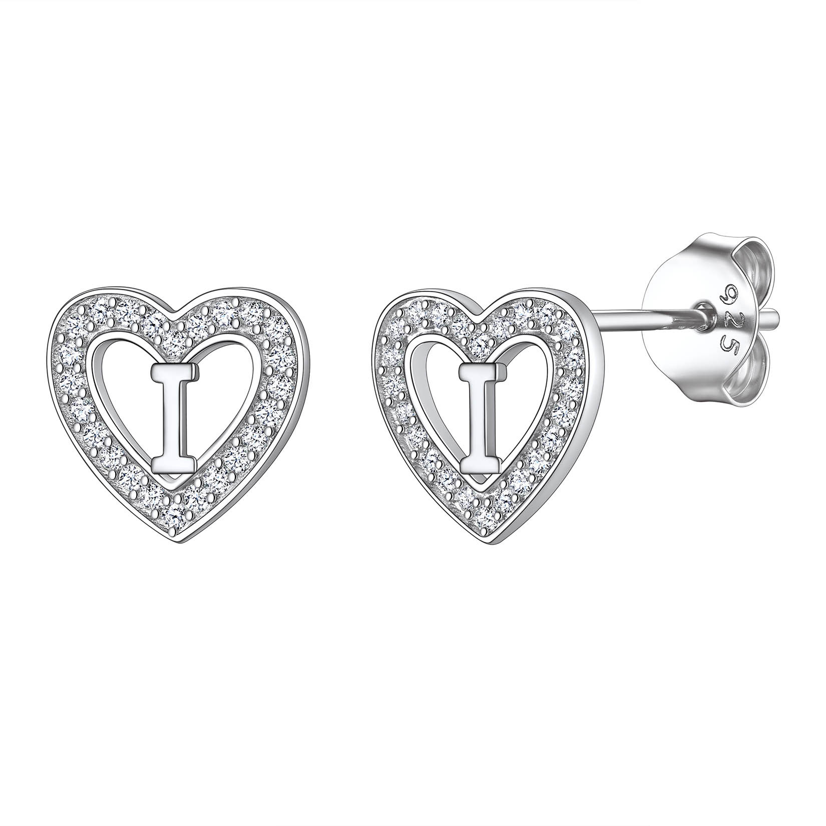 Initial Heart Sterling Silver CZ Stud Earrings for Women 