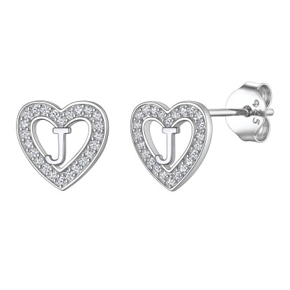 Initial Heart Sterling Silver CZ Stud Earrings for Women 