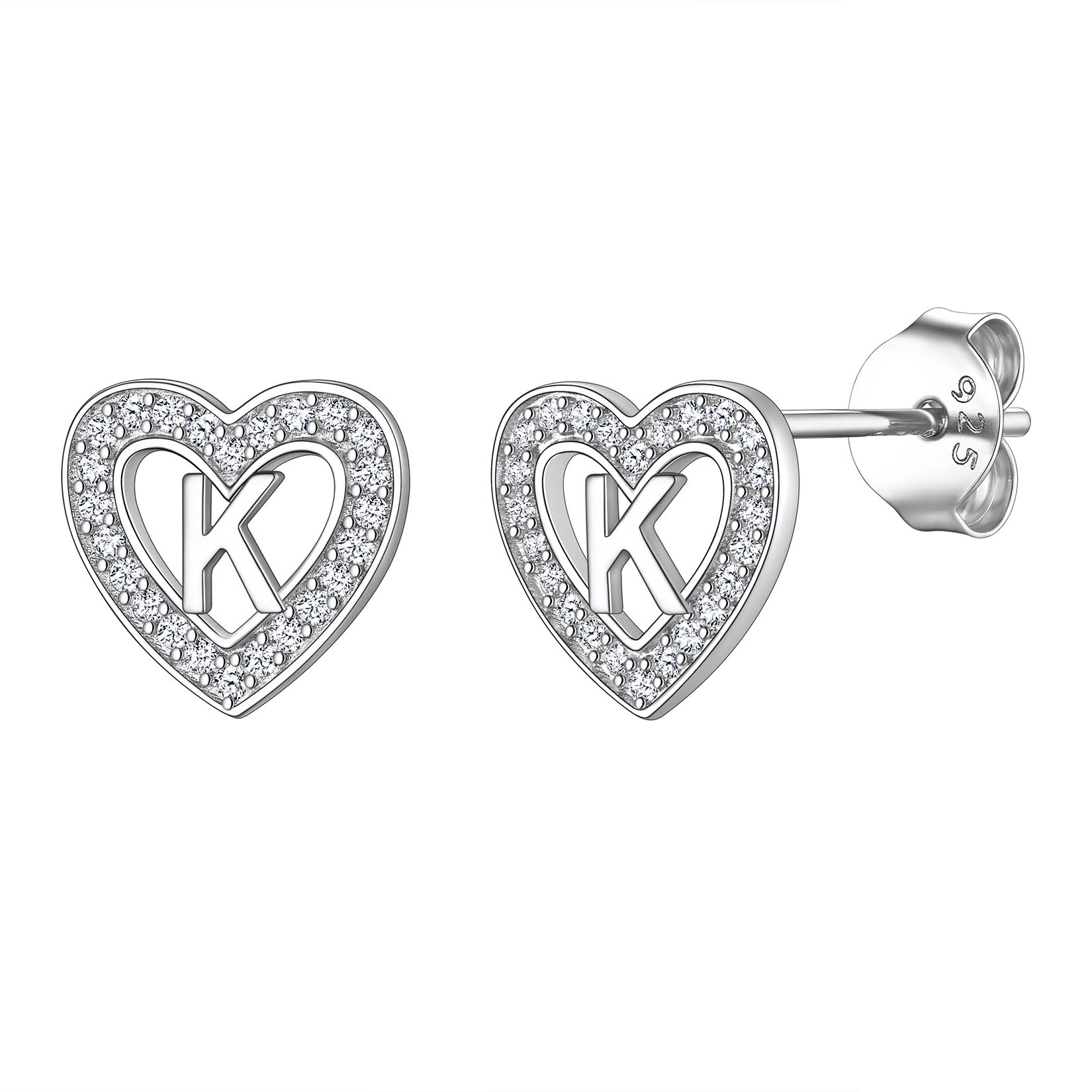 Initial Heart Sterling Silver CZ Stud Earrings for Women 