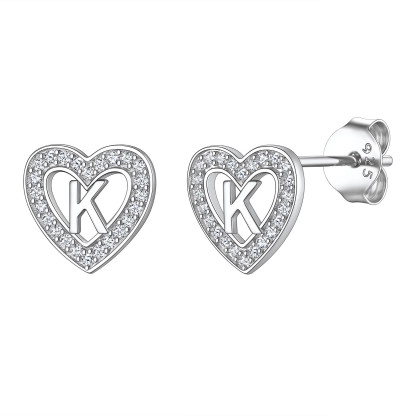 Initial Heart Sterling Silver CZ Stud Earrings for Women 