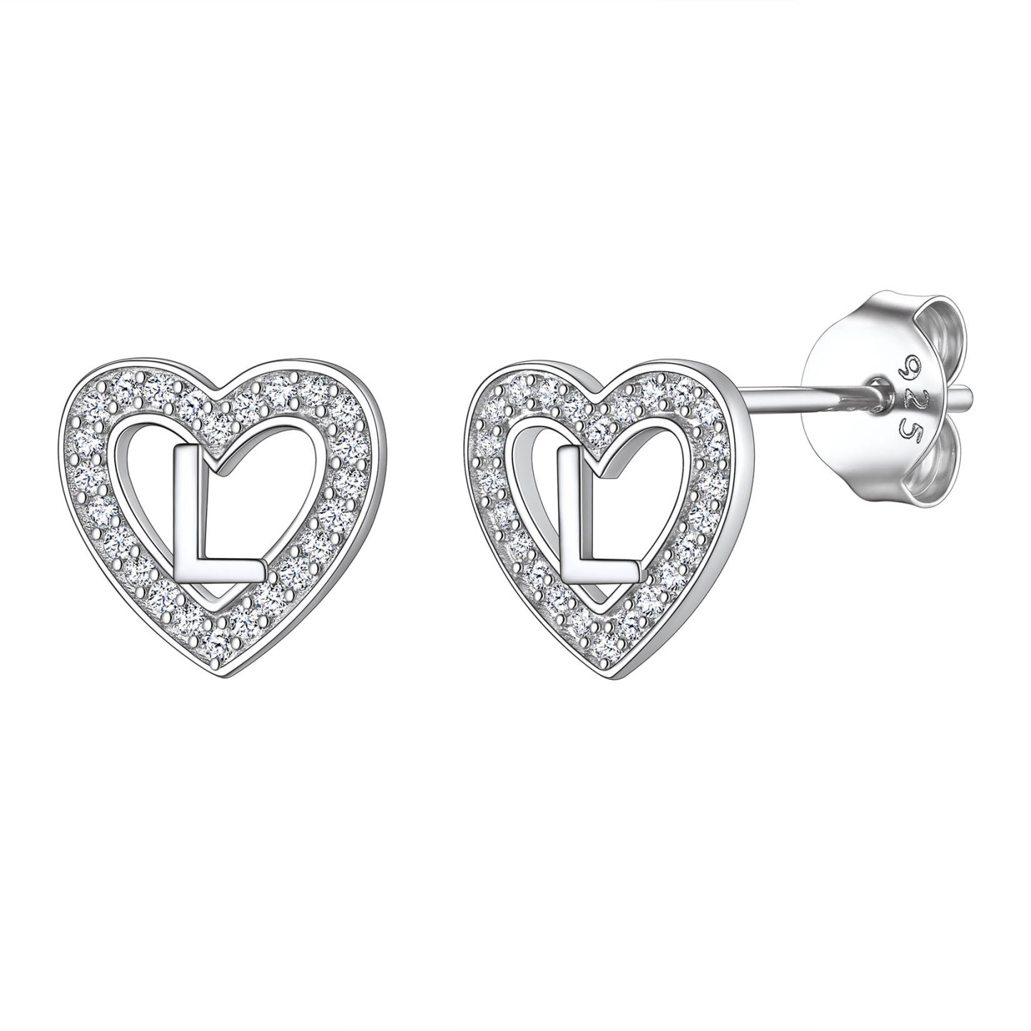 Initial Heart Sterling Silver CZ Stud Earrings for Women 
