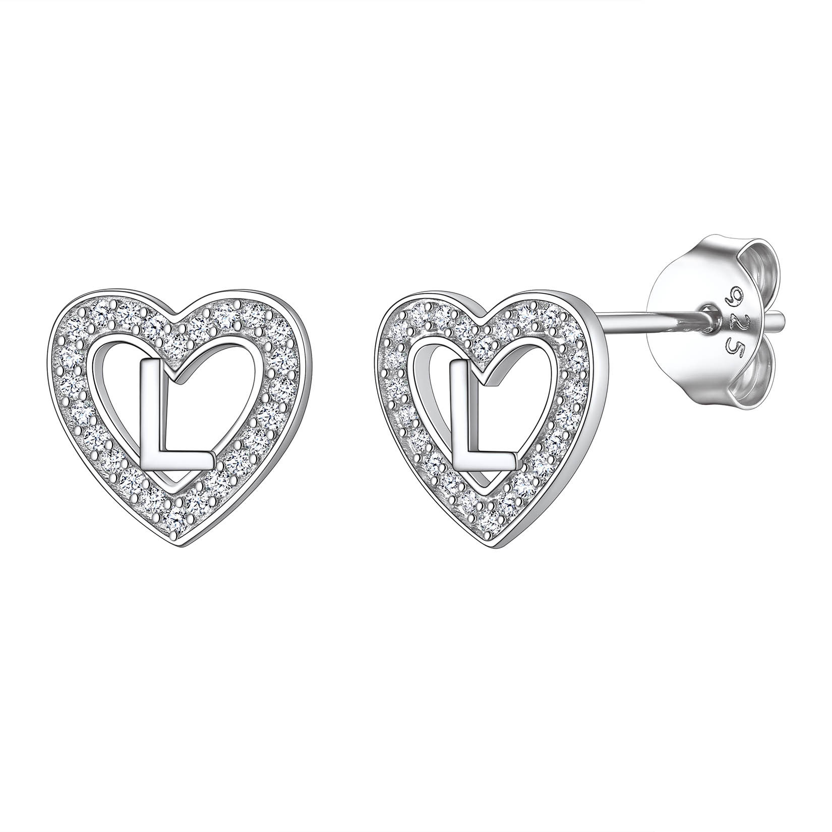 Initial Heart Sterling Silver CZ Stud Earrings for Women 
