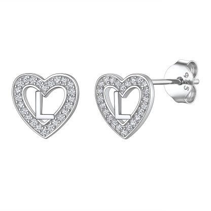 Initial Heart Sterling Silver CZ Stud Earrings for Women 