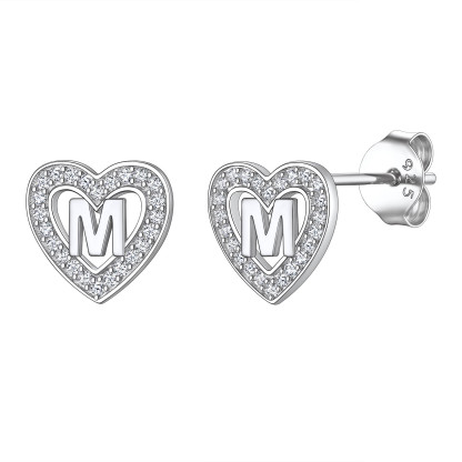 Initial Heart Sterling Silver CZ Stud Earrings for Women 