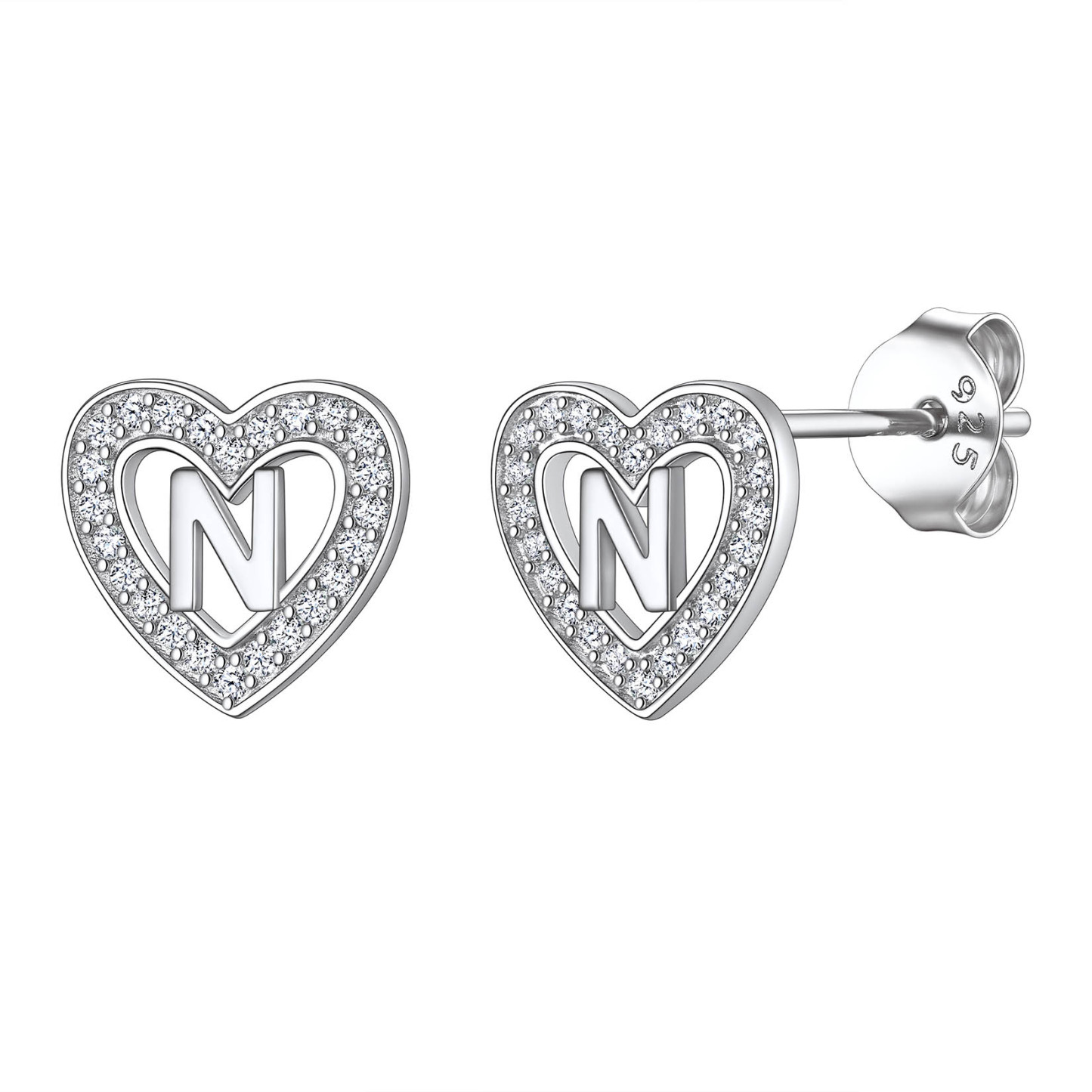 Initial Heart Sterling Silver CZ Stud Earrings for Women 