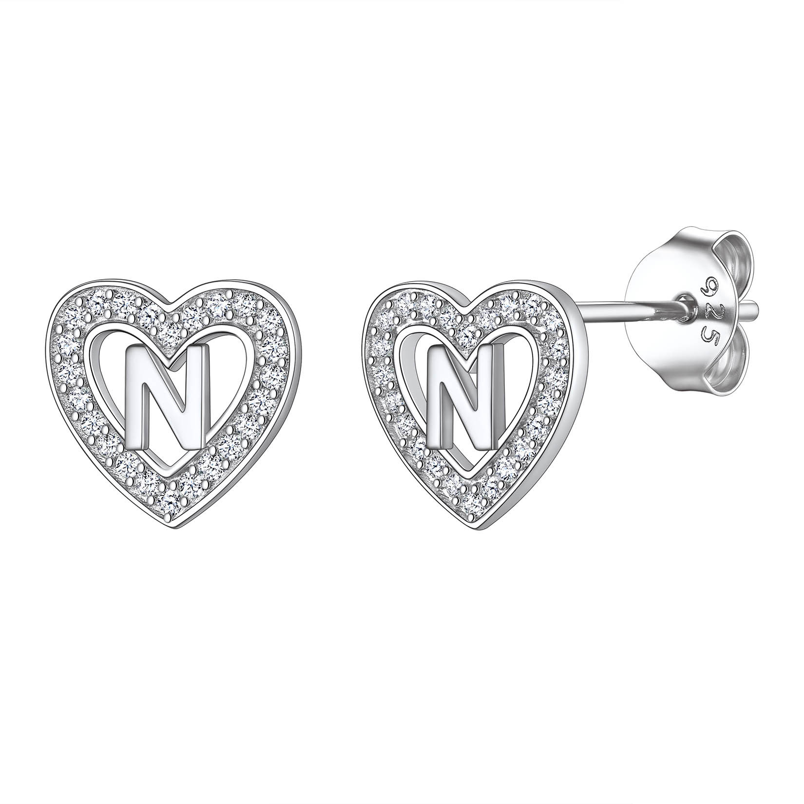 Initial Heart Sterling Silver CZ Stud Earrings for Women 