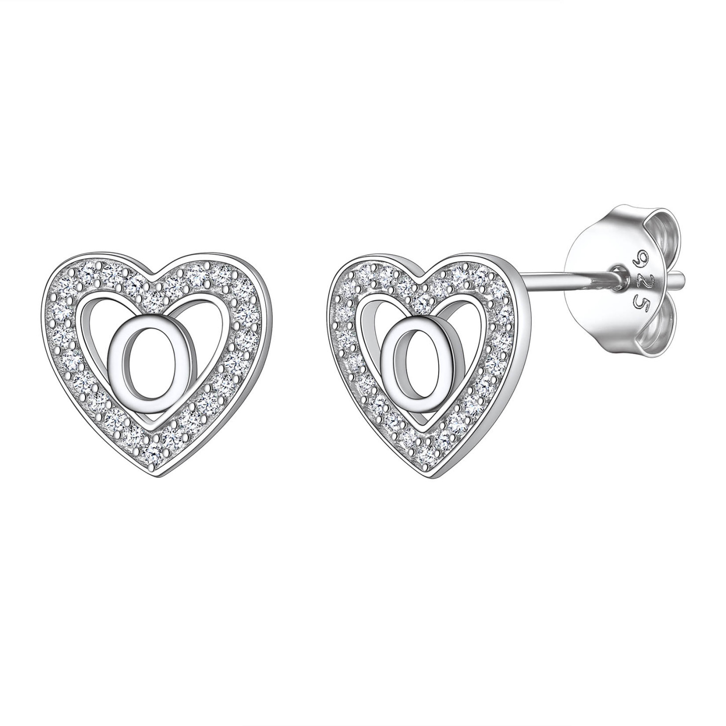 Initial Heart Sterling Silver CZ Stud Earrings for Women 