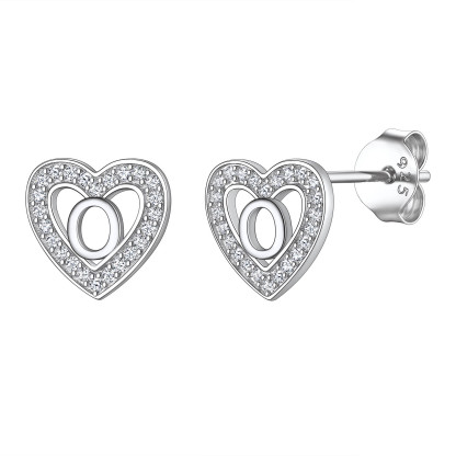 Initial Heart Sterling Silver CZ Stud Earrings for Women 