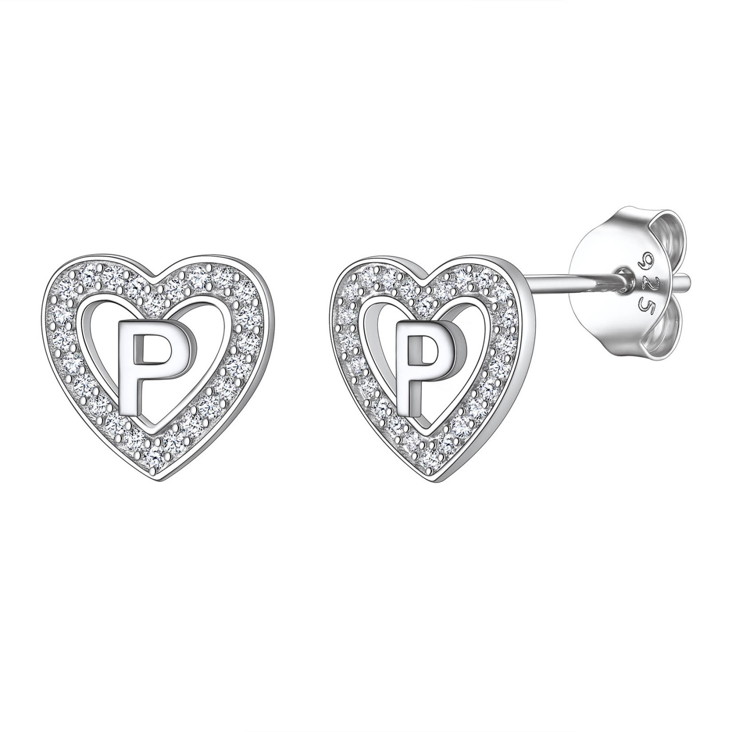 Initial Heart Sterling Silver CZ Stud Earrings for Women 
