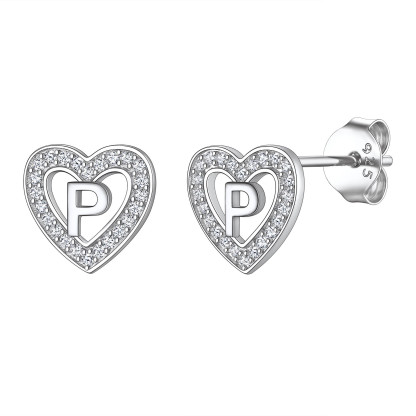 Initial Heart Sterling Silver CZ Stud Earrings for Women 