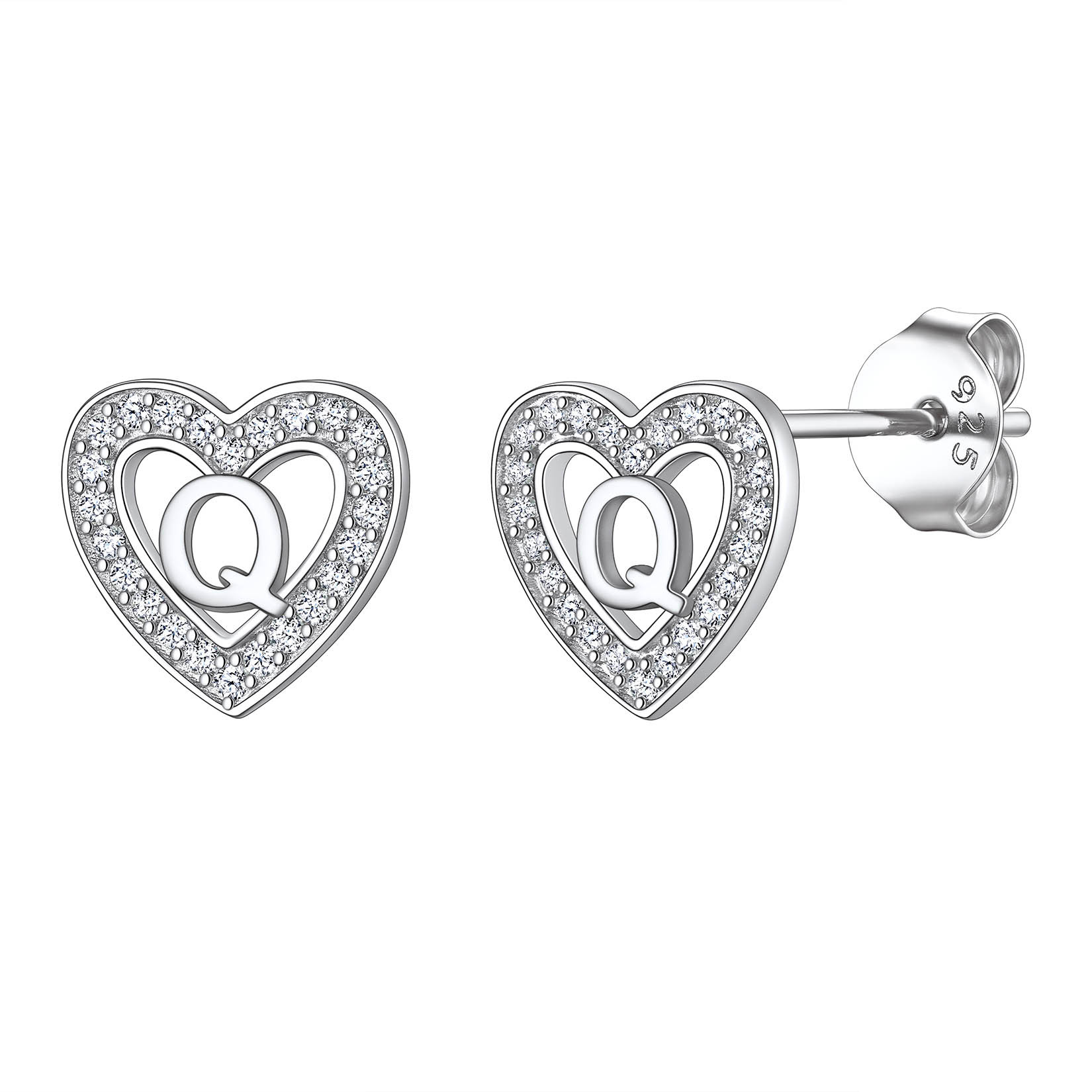 Initial Heart Sterling Silver CZ Stud Earrings for Women 