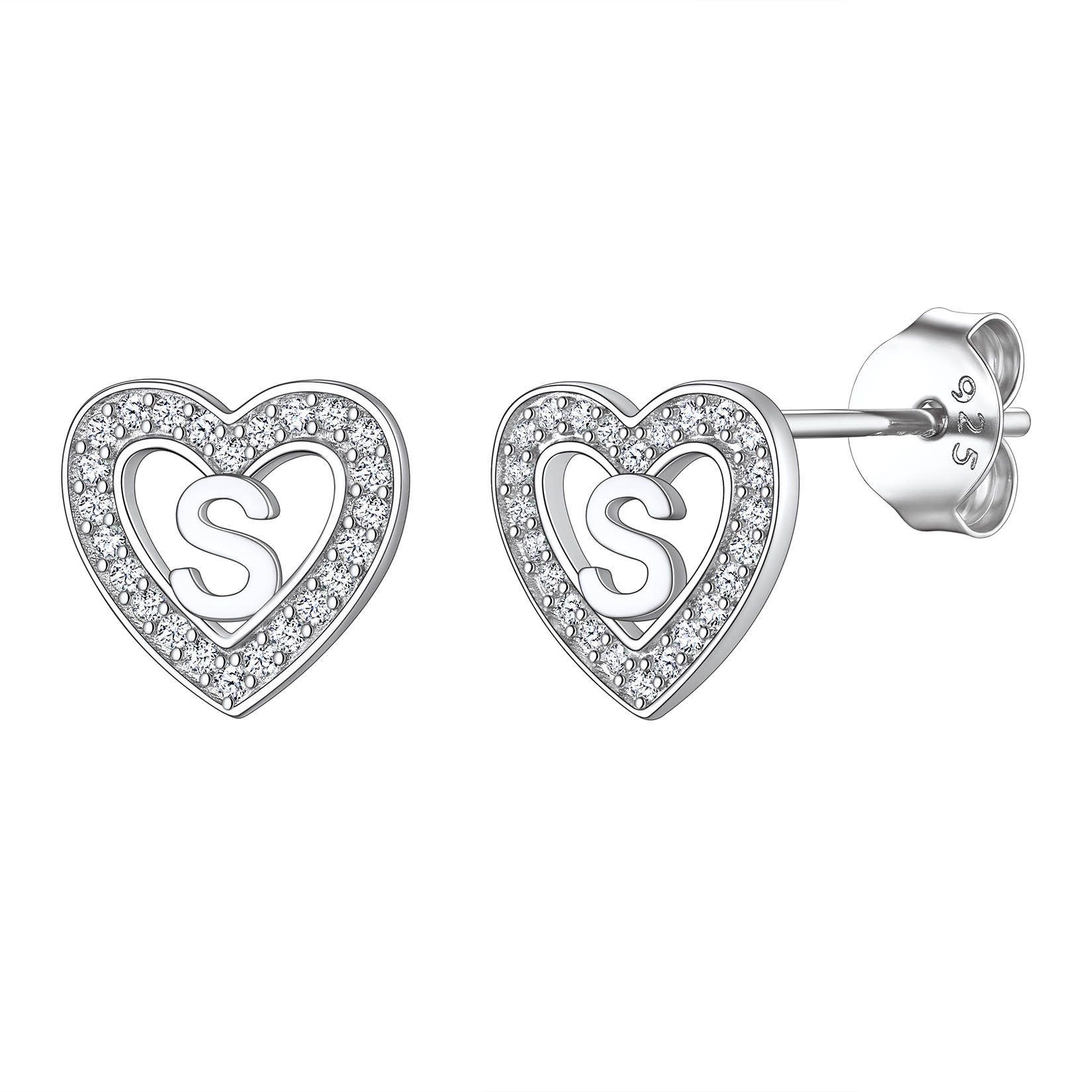 Initial Heart Sterling Silver CZ Stud Earrings for Women 