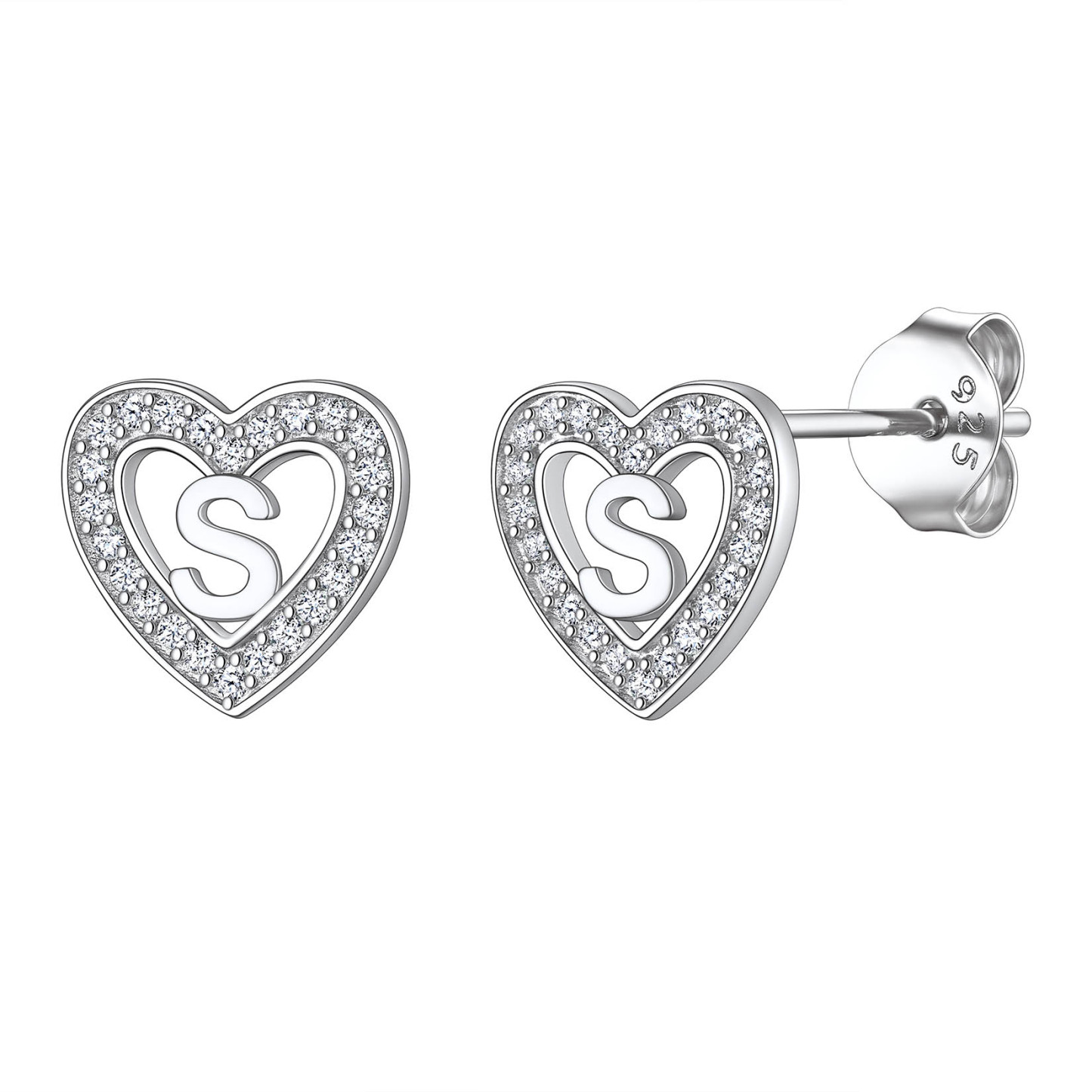 Initial Heart Sterling Silver CZ Stud Earrings for Women 