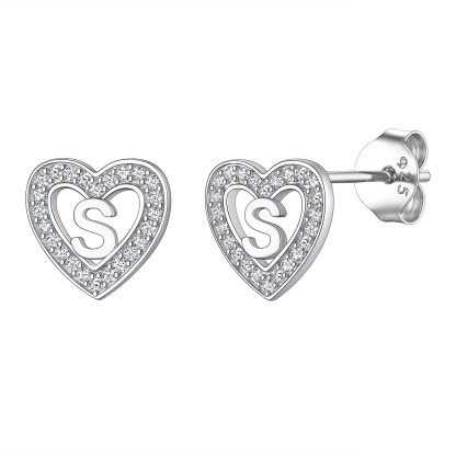 Initial Heart Sterling Silver CZ Stud Earrings for Women 