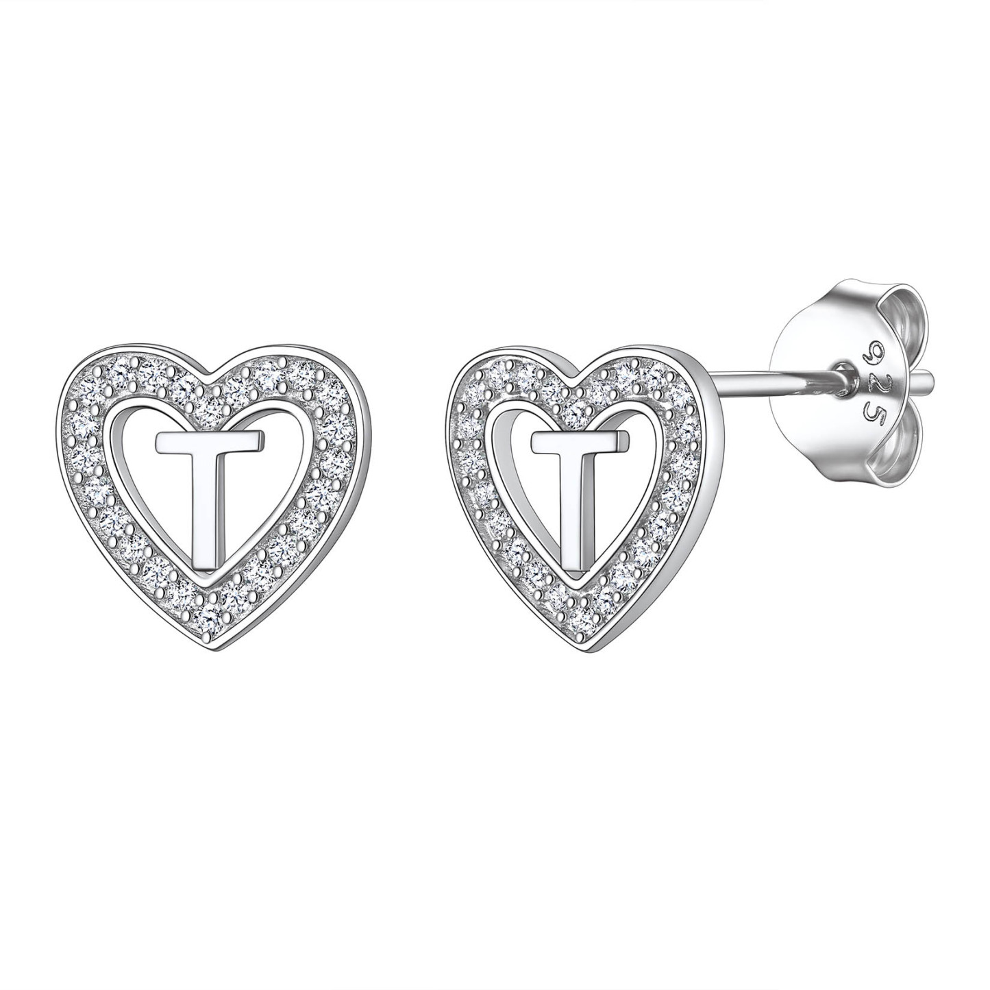 Initial Heart Sterling Silver CZ Stud Earrings for Women 