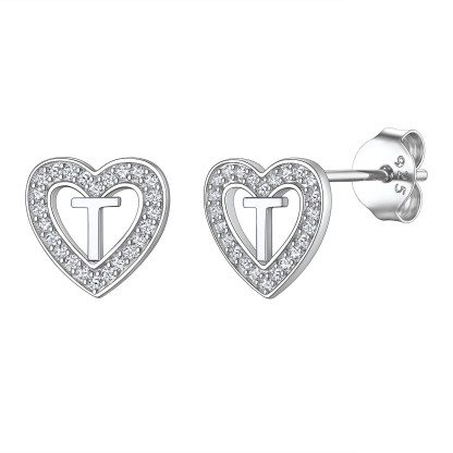 Initial Heart Sterling Silver CZ Stud Earrings for Women 