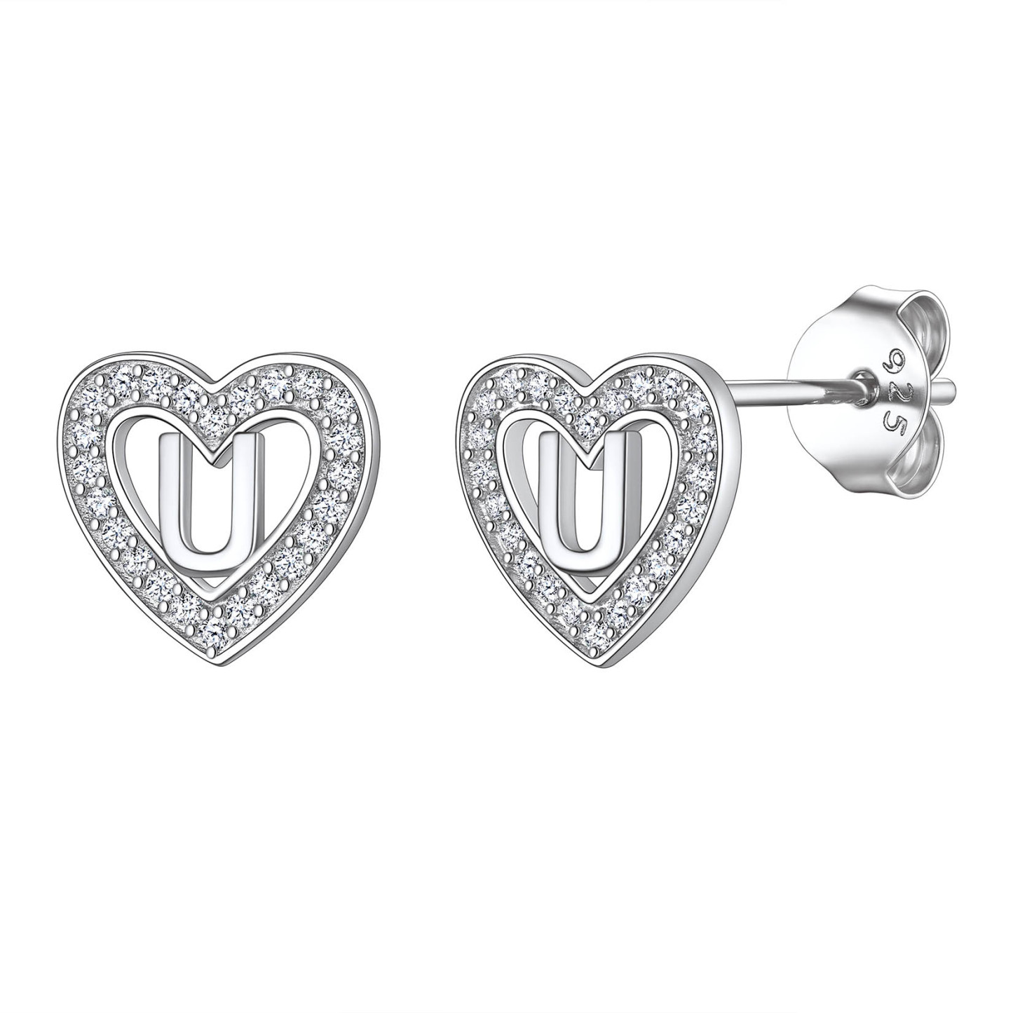 Initial Heart Sterling Silver CZ Stud Earrings for Women 