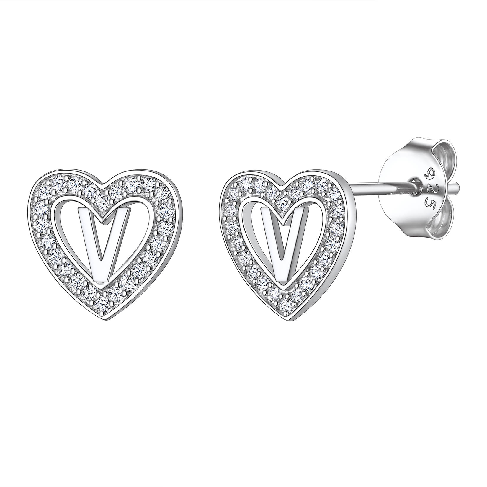 Initial Heart Sterling Silver CZ Stud Earrings for Women 