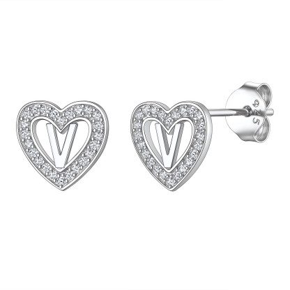 Initial Heart Sterling Silver CZ Stud Earrings for Women 