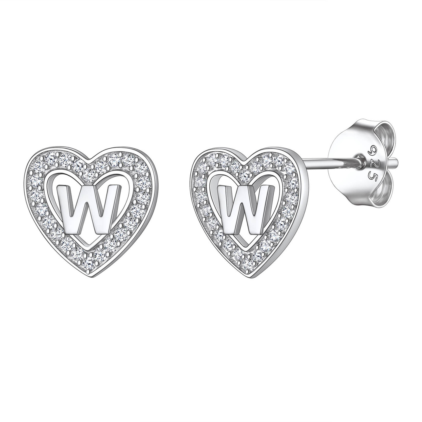 Initial Heart Sterling Silver CZ Stud Earrings for Women 