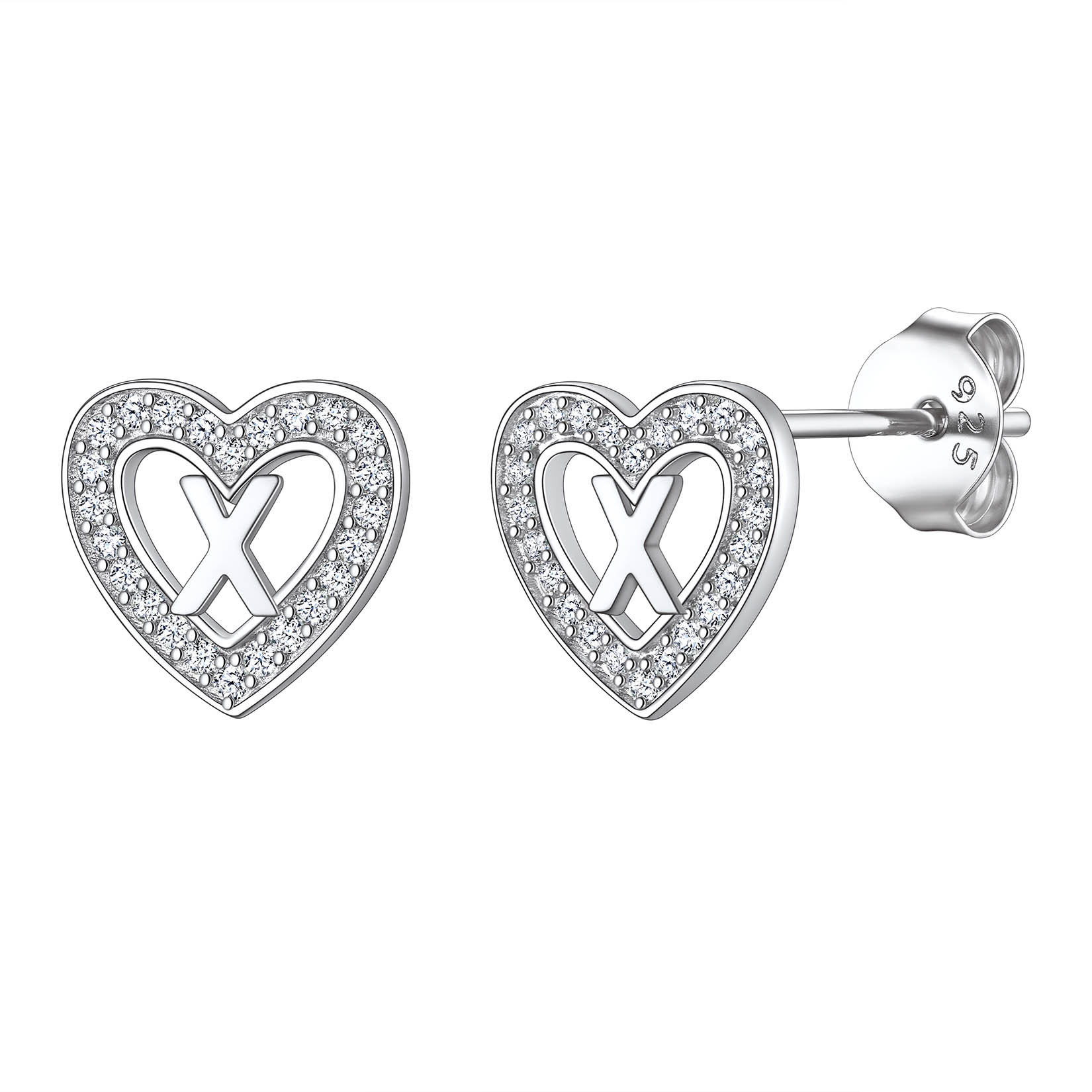 Initial Heart Sterling Silver CZ Stud Earrings for Women 