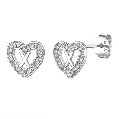 Initial Heart Sterling Silver CZ Stud Earrings for Women 