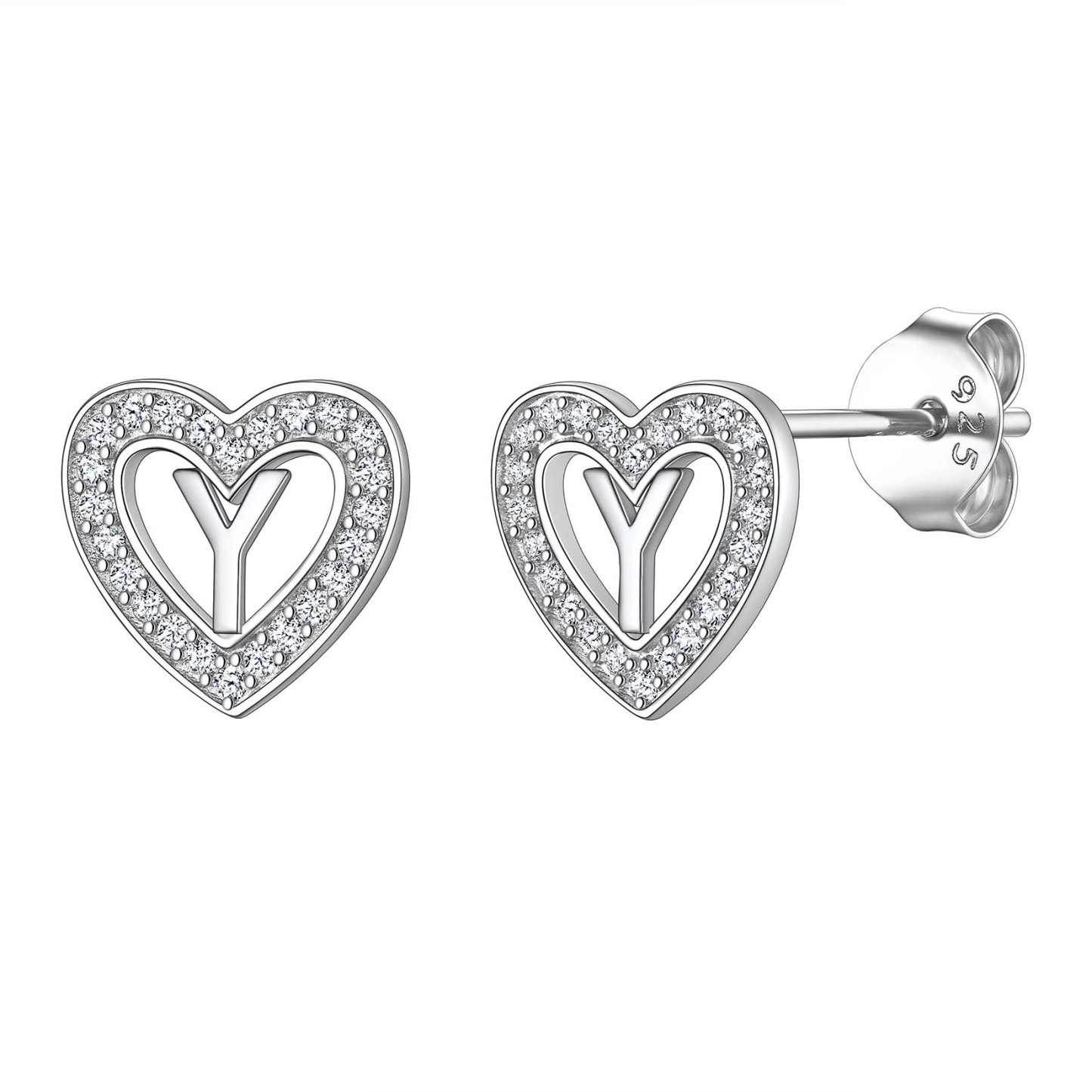 Initial Heart Sterling Silver CZ Stud Earrings for Women 