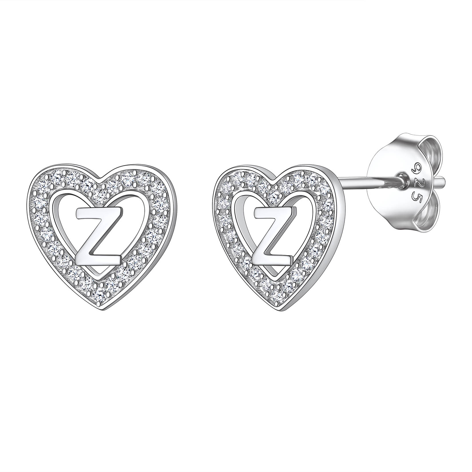 Initial Heart Sterling Silver CZ Stud Earrings for Women 