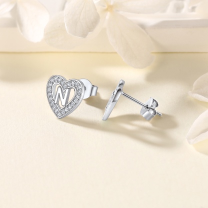 Initial Heart Sterling Silver CZ Stud Earrings for Women 