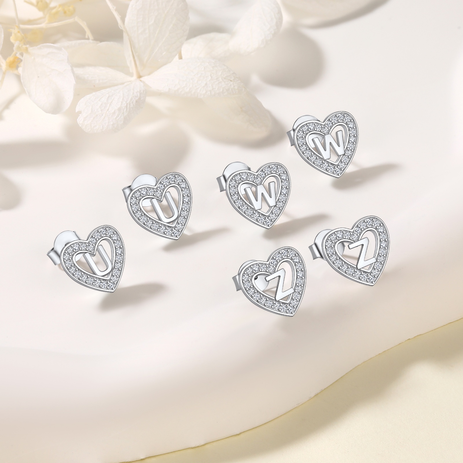 Initial Heart Sterling Silver CZ Stud Earrings for Women 