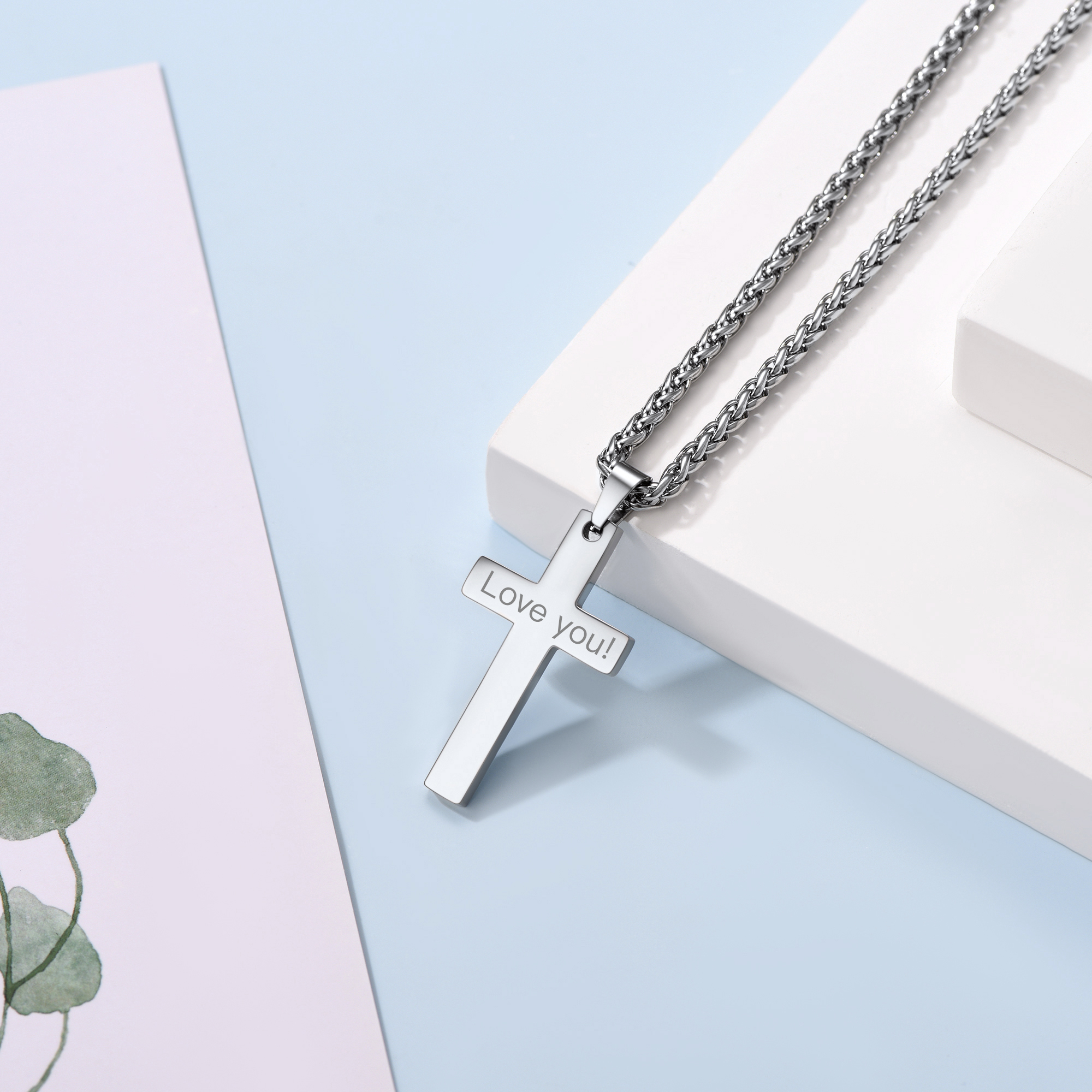 Customizable Stainless Steel Cross Necklace with Free Engraving Silver
