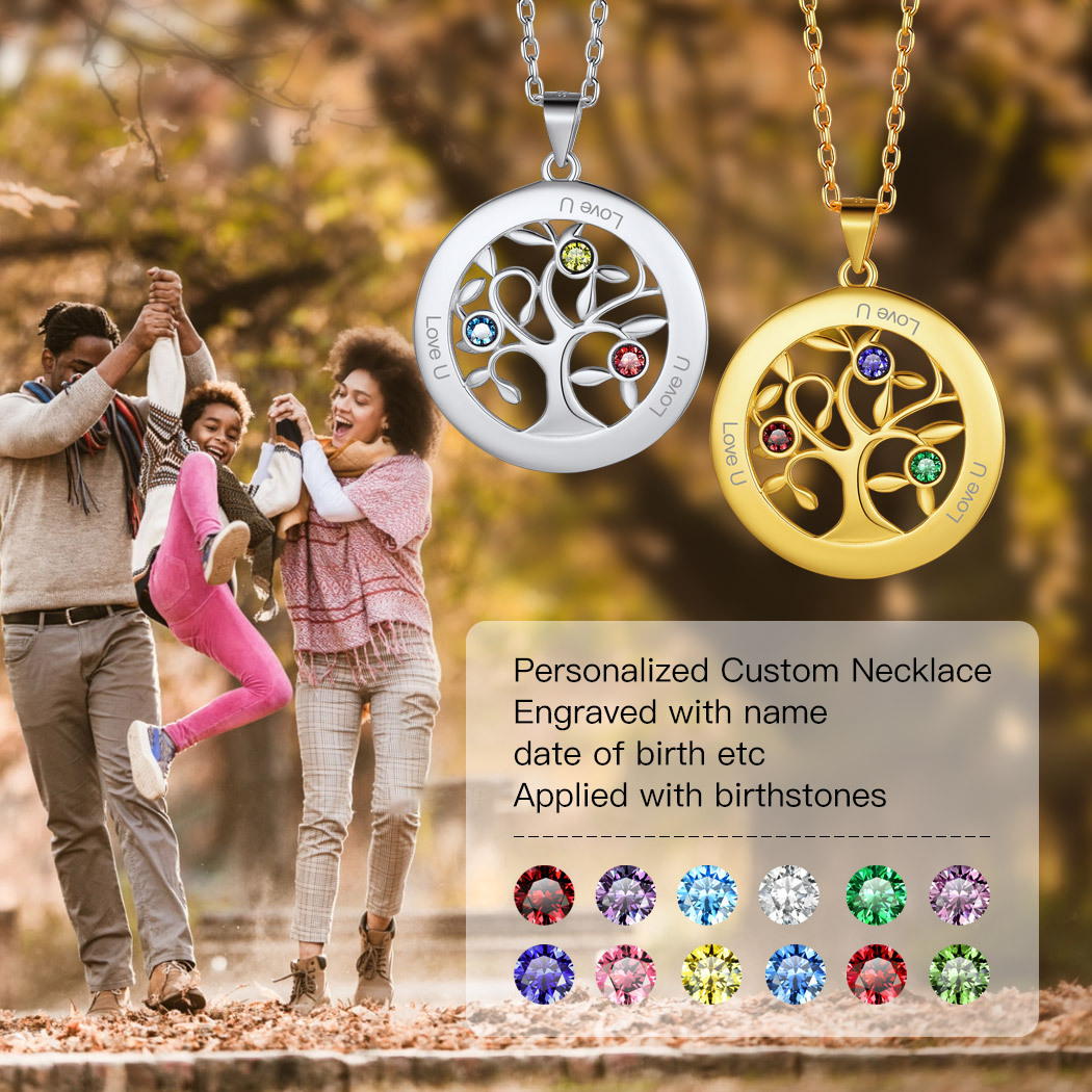 Custom Family Tree Necklaces with 2-7 Names and Birthstones 3 scene