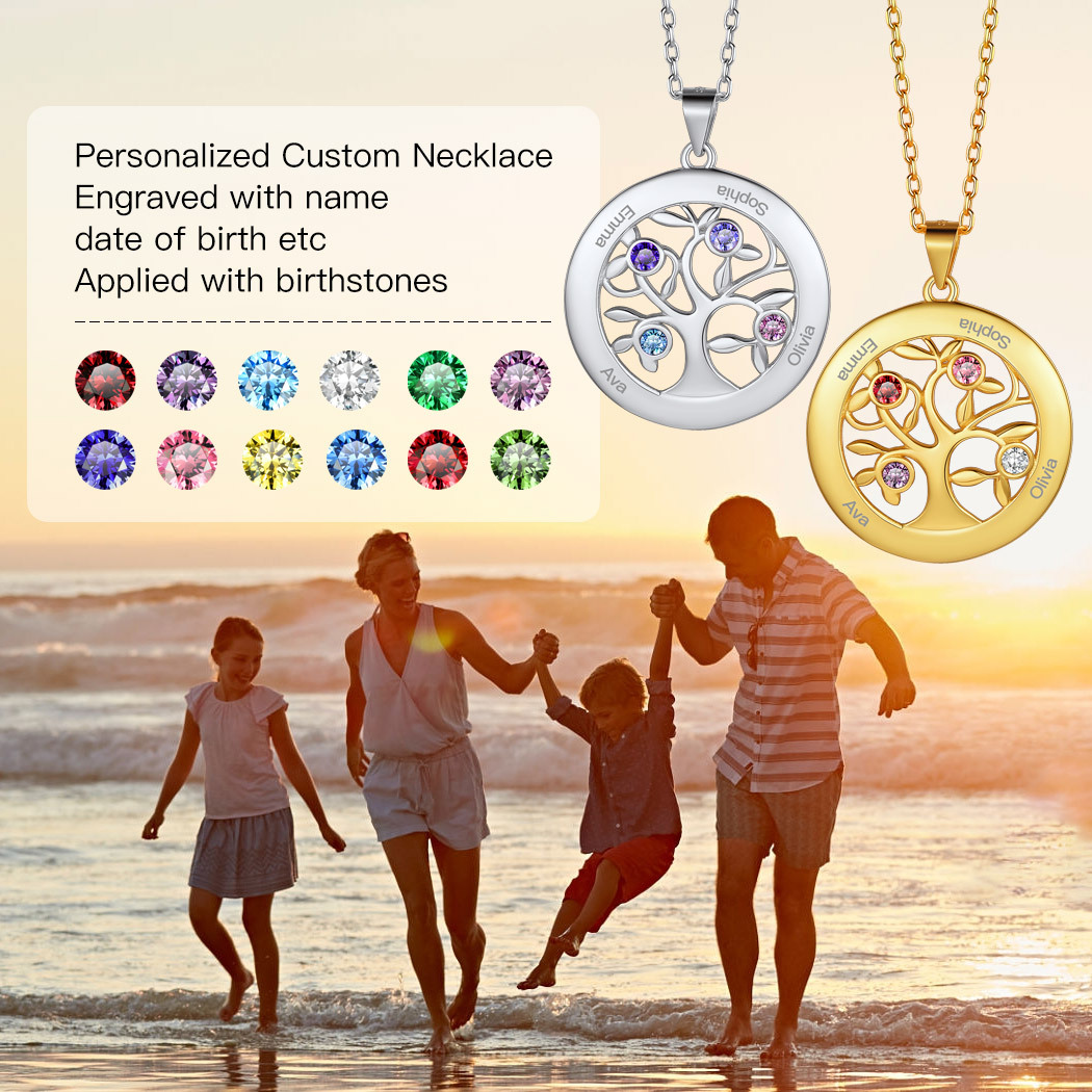 Custom Family Tree Necklaces with 2-7 Names and Birthstones 4 scene