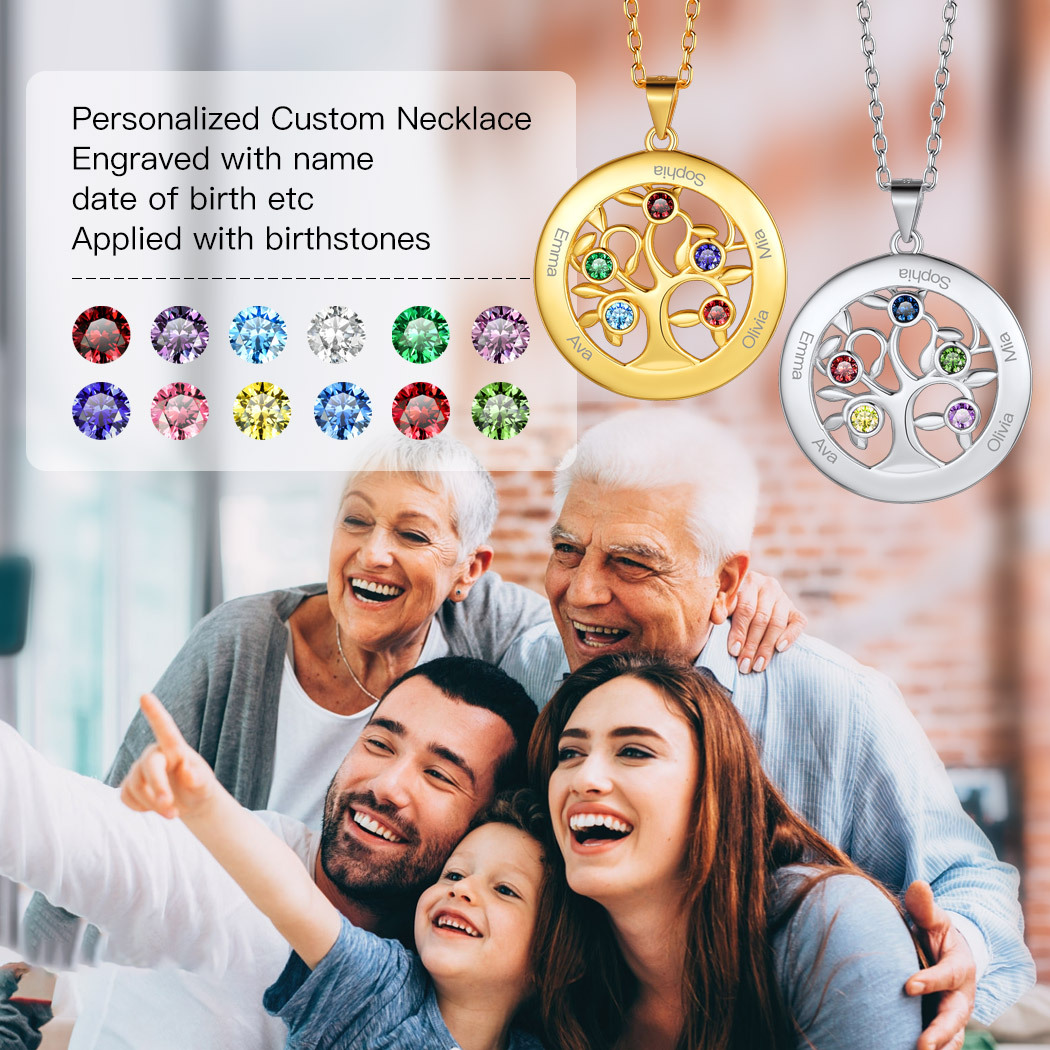 Custom Family Tree Necklaces with 2-7 Names and Birthstones 5 scene