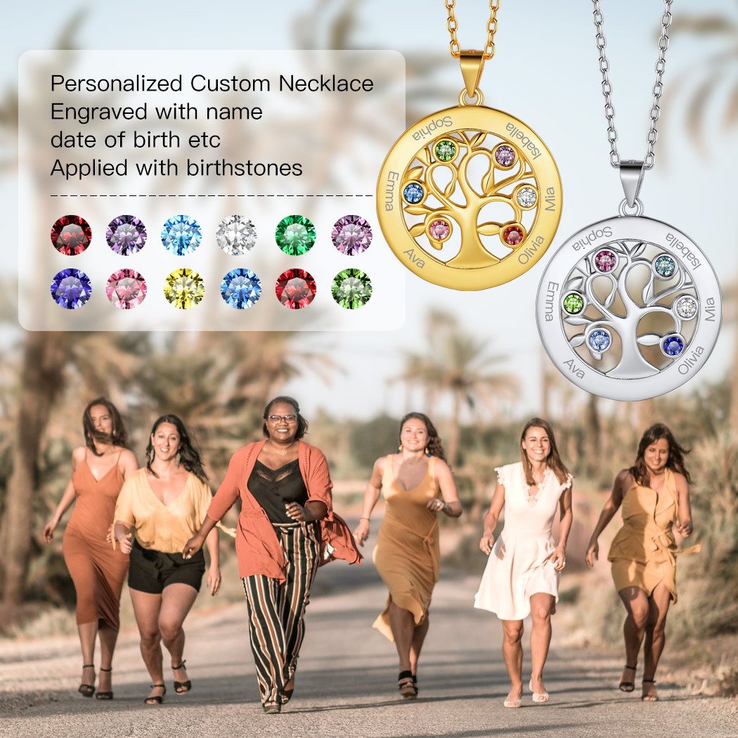 Custom Family Tree Necklaces with 2-7 Names and Birthstones 6 scene