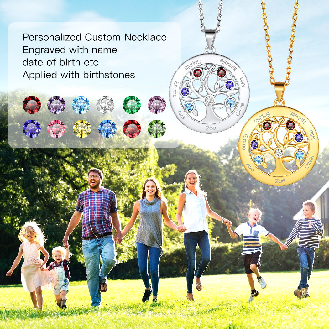 Custom Family Tree Necklaces with 2-7 Names and Birthstones 7 scene