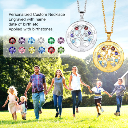 Custom Family Tree Necklaces with 2-7 Names and Birthstones 7 scene
