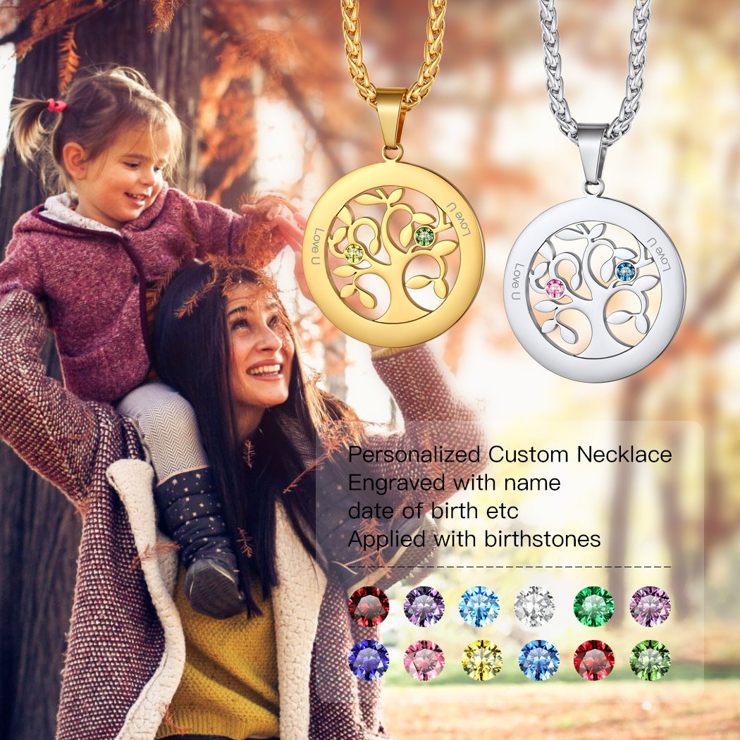  Personalized Family Tree Pendant Necklaces with 2-7 Names and Birthstones 2 scene