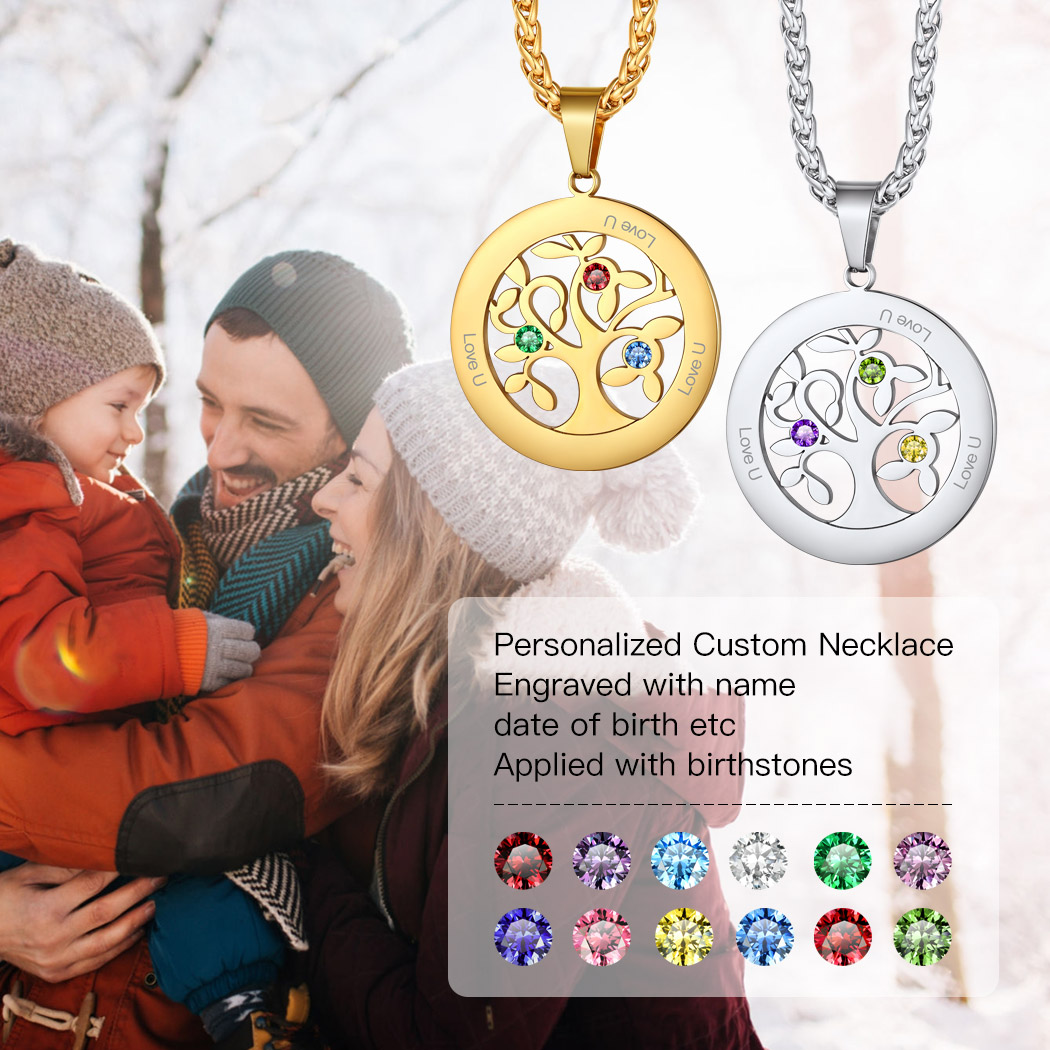  Personalized Family Tree Pendant Necklaces with 2-7 Names and Birthstones 3 scene