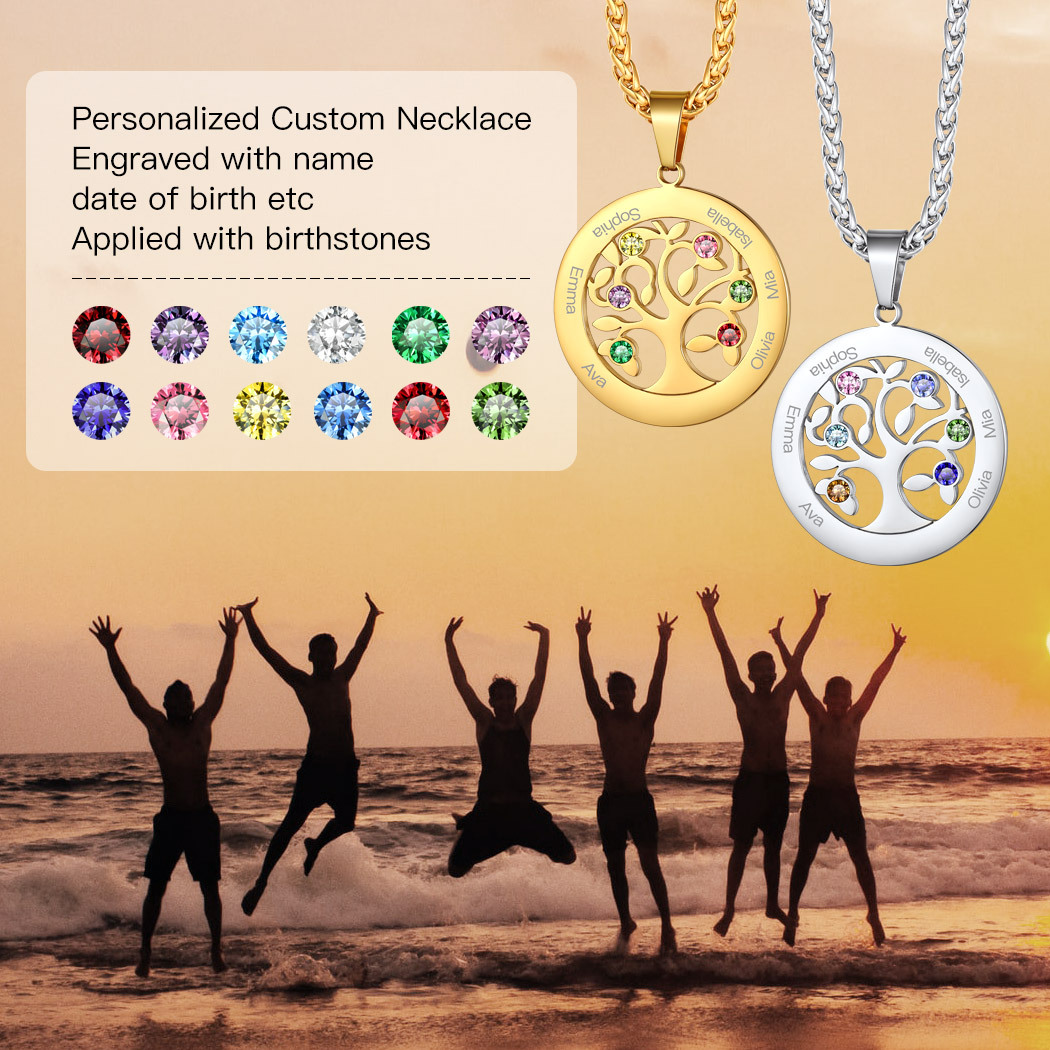  Personalized Family Tree Pendant Necklaces with 2-7 Names and Birthstones 6 scene