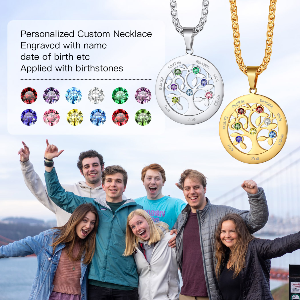  Personalized Family Tree Pendant Necklaces with 2-7 Names and Birthstones 7 scene