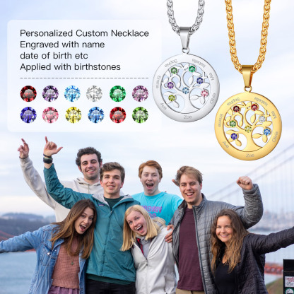  Personalized Family Tree Pendant Necklaces with 2-7 Names and Birthstones 7 scene