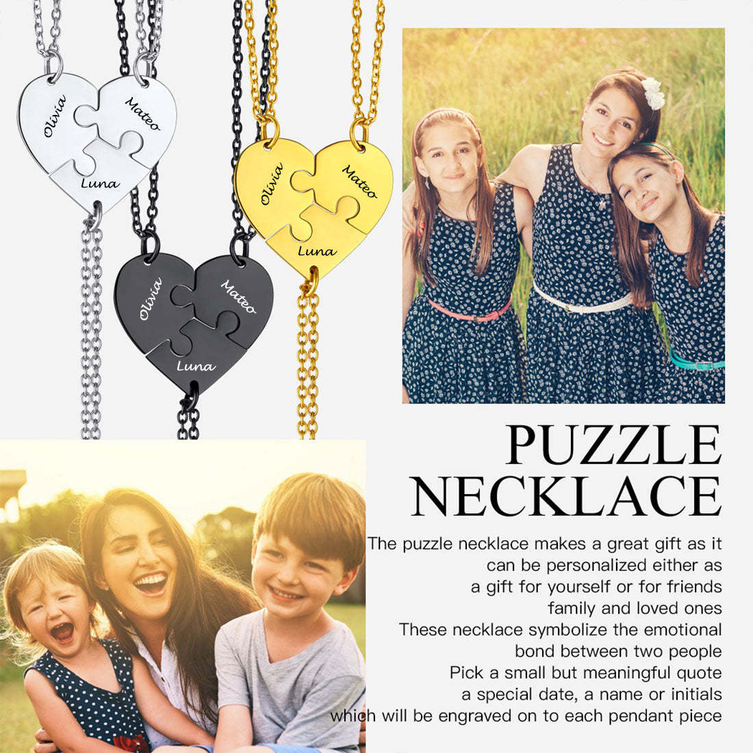 Customized Name Heart Puzzle Matching Necklaces