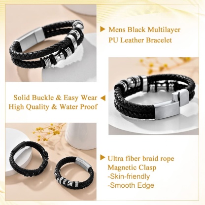 Custom Double Row Black Leather Wristband Cuff Bracelet for Men detail