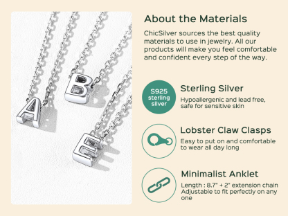 925 Sterling Silver Letter Initial Anklets for Women