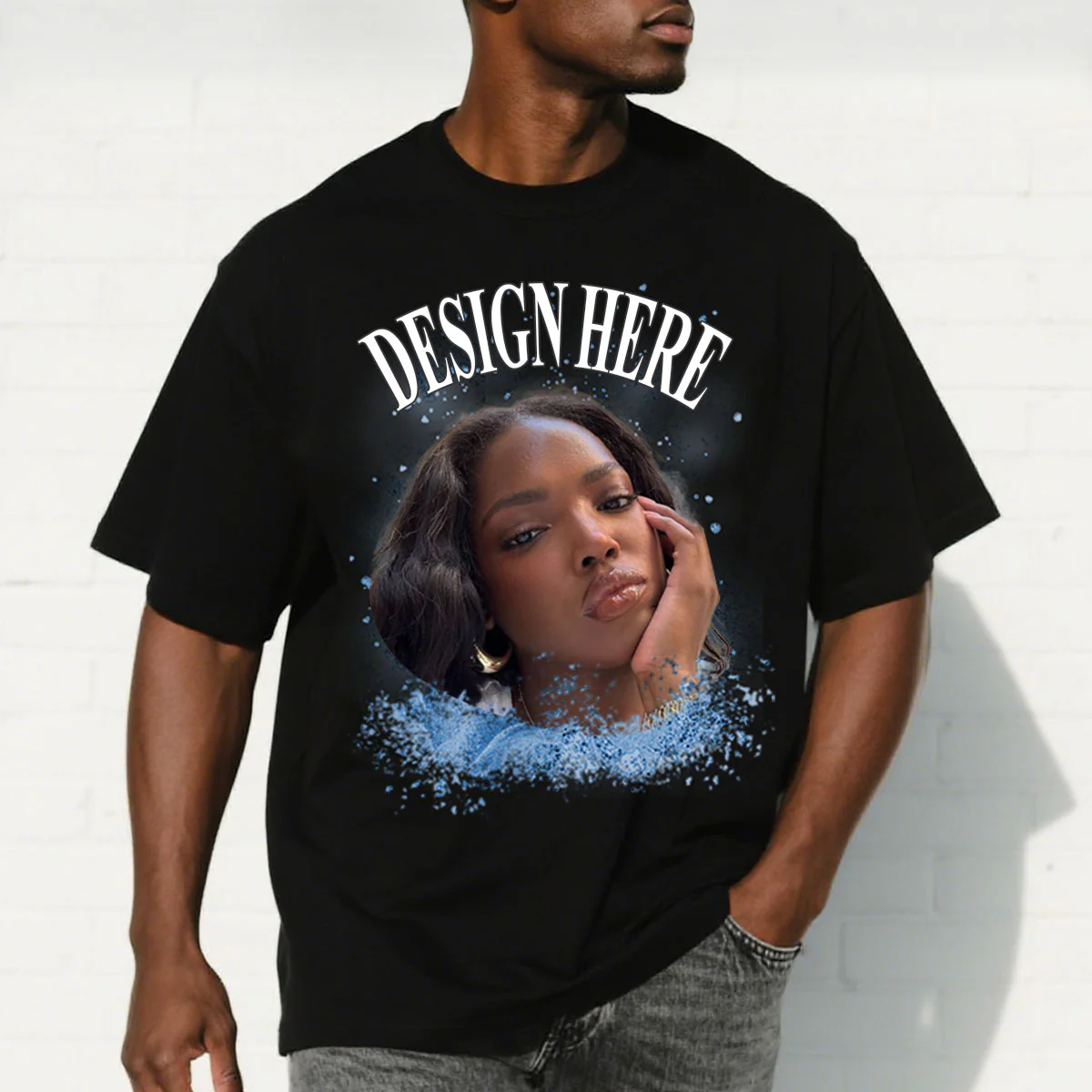 Man Wearing Custom Photo and Text T-Shirts